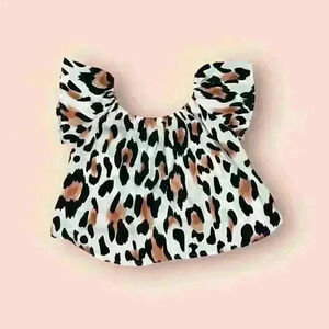 Hopscotch Women Leopard Print Ruffle Trim Blouse Brown Short Sleeve Size S